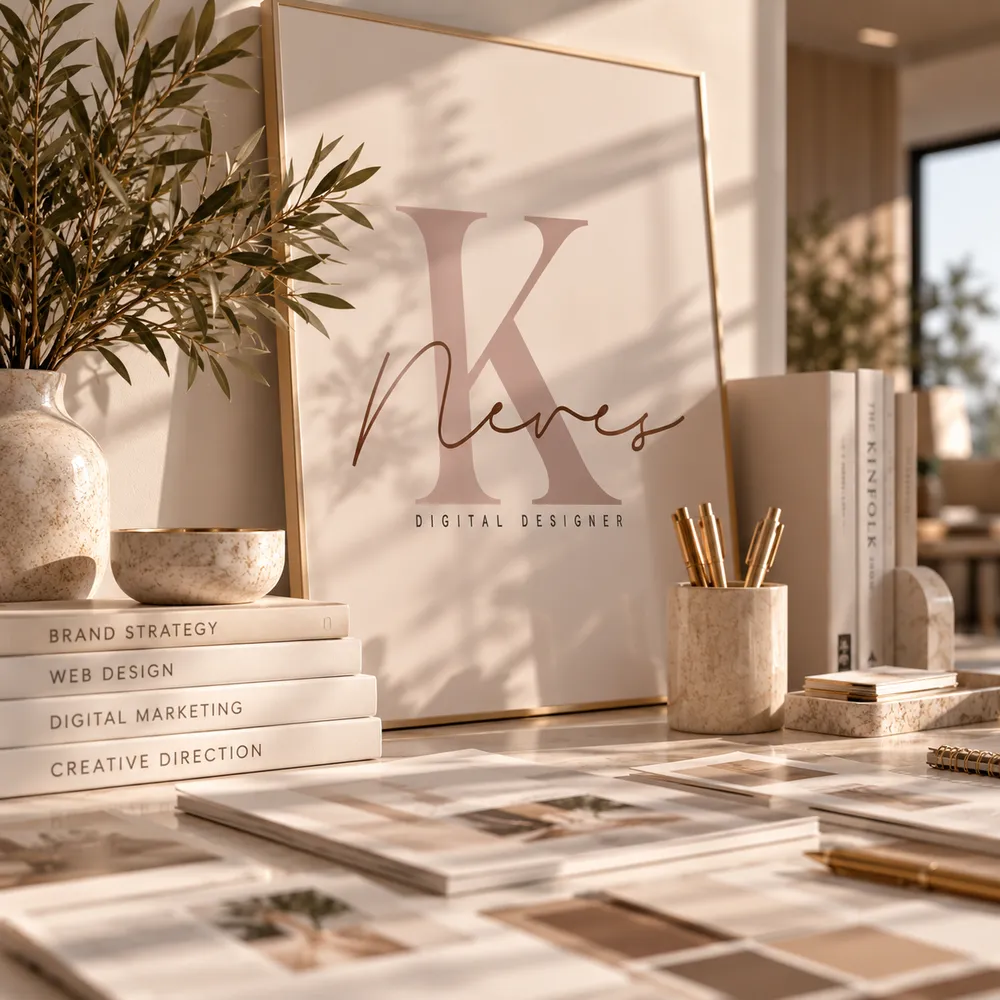 Escritorio con el logotipo de Késsia Neves y libros de estrategia de marca, diseño web y marketing digital